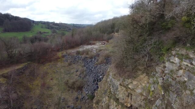 Ashover, North East Derbyshire, England - February 25 2024: Drone footage captures the scenic countryside surrounding Fall Hill Quarry.