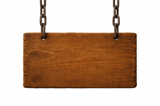 Weathered wooden sign dangling from rusted metal chains, ready for custom text insertion against clean transparent backdrop