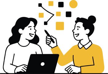 Illustration of two women are working together on a project, discussing ideas and strategies while looking at a laptop isolated on white background