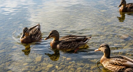 Mallard ducks swimming in clear lake water with reflections and sunlight
