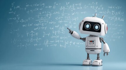 An animated robot with expressive eyes points at intricate mathematical equations on a blue wall, illustrating a fun learning environment in a classroom.