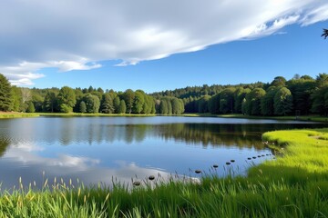 Fototapeta premium Serene lakeside scene with lush green grass and dense woods under a vibrant blue sky, reflection, tranquil, picturesque