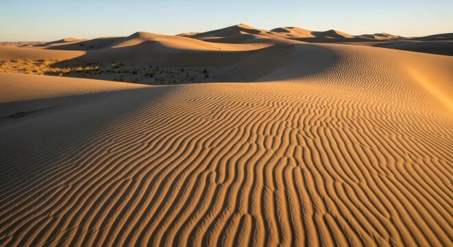Expansive golden desert dunes at sunrise with rippling sand patterns