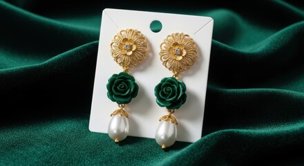 Elegant gold flower and green rose earrings with pearl drops on green fabric