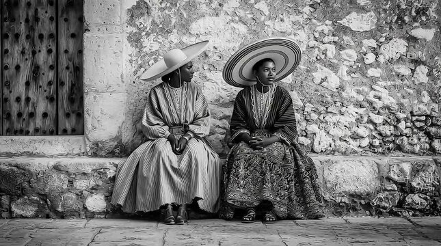 Dos mujeres con sombreros tradicionales y vestimenta de &eacute;poca, sentadas en un banco de piedra de una antigua fachada colonial.