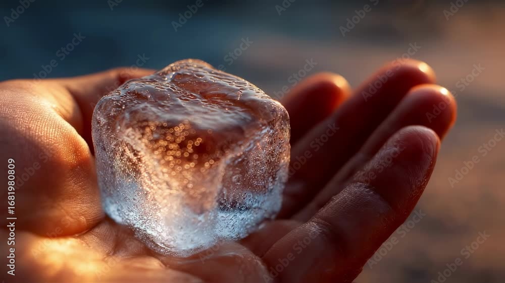Aufkleber focused image of a melting ice cube resting on a warm palm capturing the contrast of sensations used