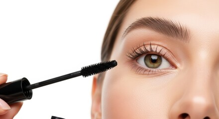 Close-up of young caucasian female applying mascara to enhance lashes