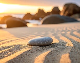 A serene grey stone rests on golden sand, bathed in the warm glow of sunrise, creating a tranquil beach scene.