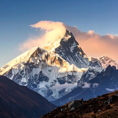 A magnificent mountain peak, bathed in the warm hues of dawn, stands majestically against a vibrant sky.