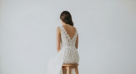 Young caucasian female in lace dress sitting on stool against plain background