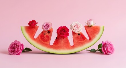 Creative watermelon slices with roses on pink background