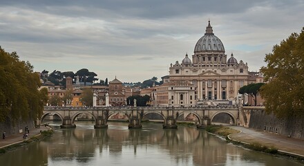 Fototapeta premium St Peters Basilica and Ponte Sant Angelo over Tiber River in Rome.