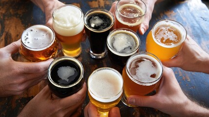 A group of friends gather to celebrate national beer lover’s day, raising glasses filled with various types of beers including ales and stouts