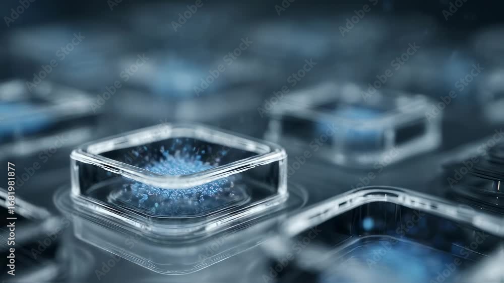Poster medium shot of a multiwell cell plate with one well sharply focused displaying crispr rna editing ac