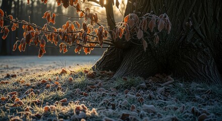 Sunlit frost-covered tree trunk with autumn leaves in morning glow