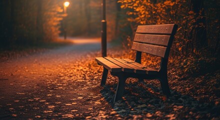 Empty park bench on autumn path with warm streetlight glow