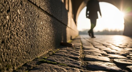 Silhouetted figure walking under bridge arch at sunset