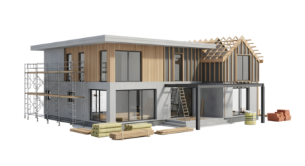 Unfinished two-story house construction with scaffolding and building materials on transparent background