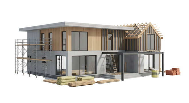 Unfinished two-story house construction with scaffolding and building materials on transparent background