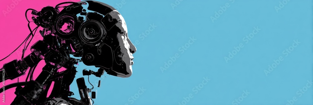 Poster futuristic humanoid robot design features detailed mechanical components and a profile view set agai