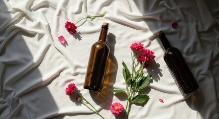 Sunlit glass bottles and pink flowers on soft fabric surface