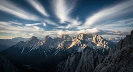Majestic dolomites under dramatic sky with light and shadow play