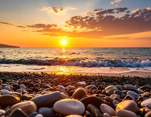 A vibrant sunset paints the horizon over a tranquil ocean, with waves gently lapping at a pebbled beach.