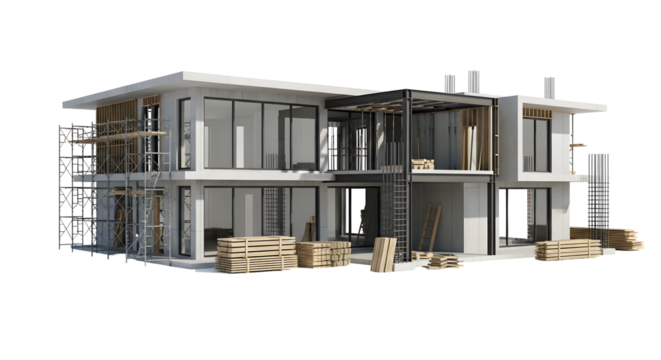 Two-story modern house under construction with scaffolding and lumber on transparent background
