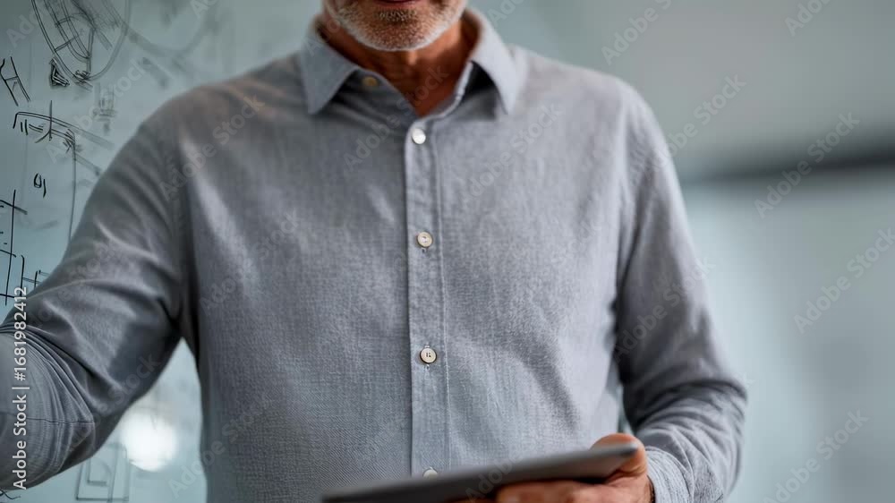 Poster medium shot of a project manager reviewing throttling policies on a tablet with outoffocus whiteboar