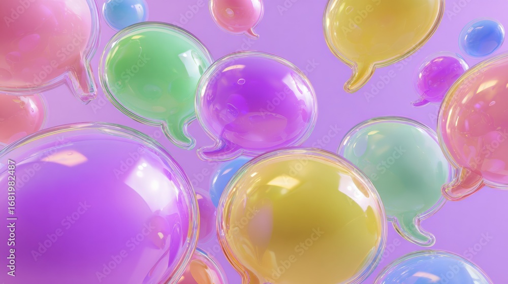 Poster bright pastel speech bubbles float against a soft background, symbolizing conversation and expressio