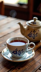 Fototapeta premium A steaming cup of tea and a classic teapot rest on a rustic wooden table, caffeine, lifestyle