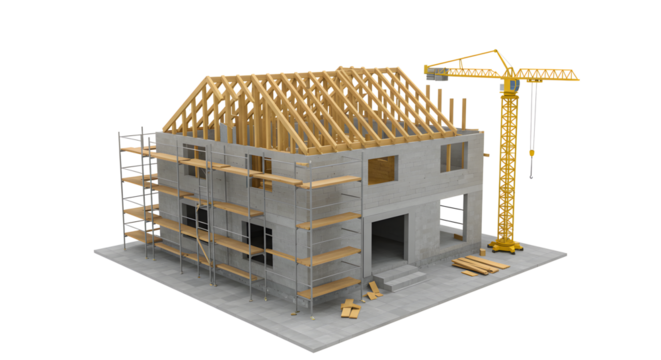 Construction site with house frame, scaffolding, and crane on transparent background