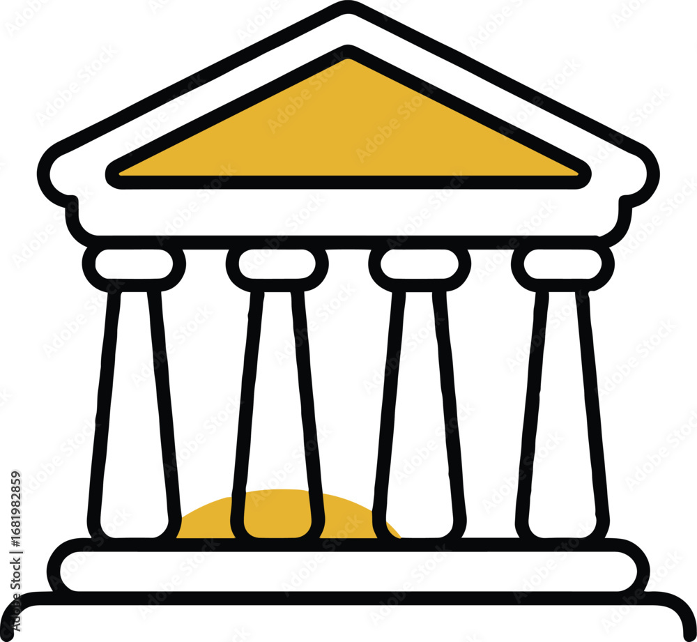 Poster illustration of a building with columns and a triangular roof with a yellow color fill design style