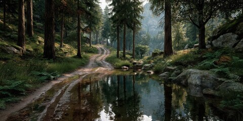 Obraz premium Serene forest path with a tranquil pond reflecting trees under soft sunlight