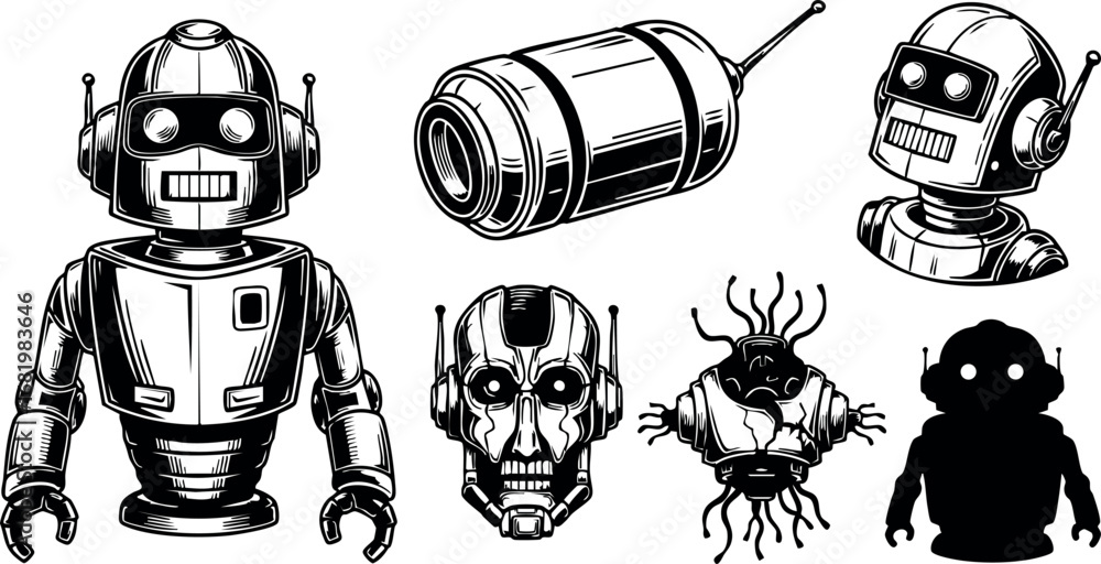 Poster vintage style robots and futuristic android heads black and white vector set