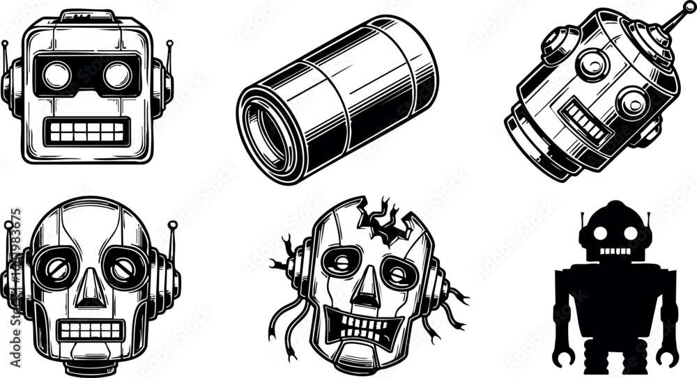 Poster retro and modern robot head icons with cylindrical battery and zombie robot design vector illustrati