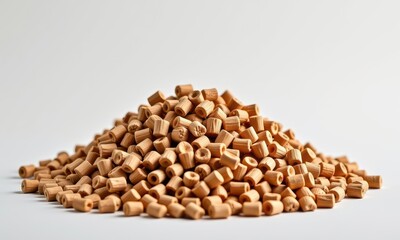 Fototapeta premium Pile of compressed wood pellets isolated on white background, ideal for fuel or biomass energy concepts, backdrop, compressed, biomass