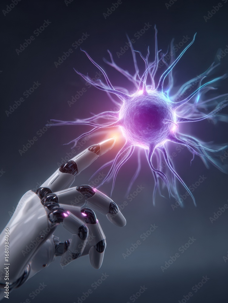 Poster a robotic hand reaches out to touch a vibrant neural sphere, illustrating the connection between tec