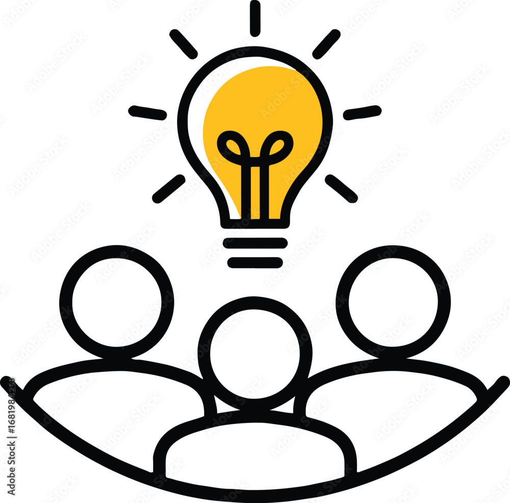 Poster a group of people under a lightbulb representing teamwork innovation and creative problem solving pr