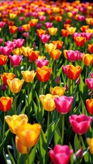 Sunny meadow bursting with vibrant tulips in full bloom, a quintessential spring and Easter scene, pink, easter, background