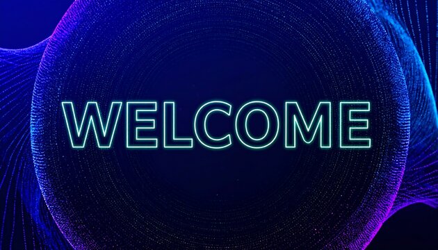 Glowing Welcome Text on Abstract Blue Purple Particle Background