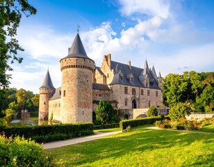 Fototapeta premium A grand medieval castle stands proudly amidst lush greenery and a serene lake, bathed in sunlight.