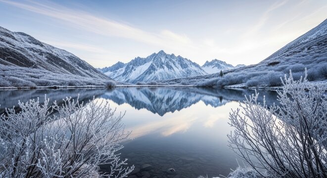 Winter mountain reflection in tranquil icy lake under clear sky