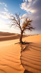 A lone, weathered tree stands sentinel amidst the golden dunes, its skeletal branches reaching towards a vibrant sky full of fluffy clouds.