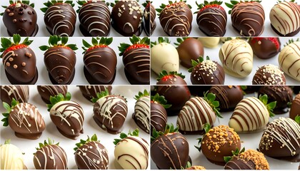 Deliciously decorated strawberries, coated in various types of chocolate, creating a tempting array of sweet treats.