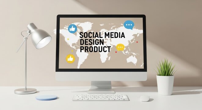 Social media design product on desktop screen with map and communication icons
