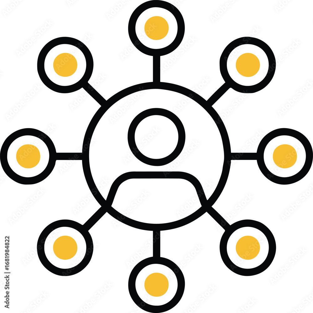 Poster a person icon connected to yellow circles by lines showing a network on a white background design