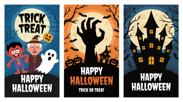 Three Halloween Posters with Spooky Characters and Haunted House