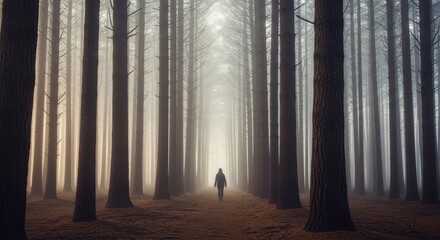 Solitary figure walking in misty forest of tall pine trees