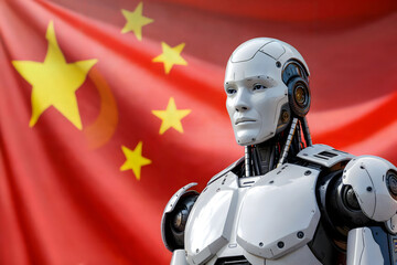 Advanced Humanoid Robot Posed Before Chinese Flag Representing Future Technology, National Power, and AI-Driven Innovation